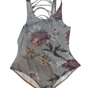 Chaser Floral Lattice Back Bodice Blue Mauve Peony Snap Gusset Medium NEW